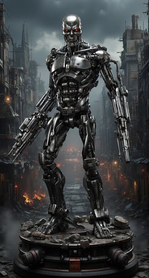 A gritty, high-contrast scene unfolds: the Terminator resin figure stands boldly on a circular foundation fashioned from Lockdown's ship wreckage, its metallic surface reflecting the faint glow of ruby eyes. The cyborg's powerful stance exudes tension as he flexes his arms, shotgun at the ready, while his feet are planted apart in a defensive posture. Glistening mechanical joints in his limbs seem to vibrate with coiled strength, like a spring poised to unleash its fury. Against the apocalyptic backdrop of collapsed buildings, ruined streets, and twisted metal, the Terminator's unwavering resolve is illuminated, his fiery gaze scanning the desolate landscape.