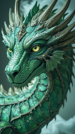 Capture an extreme full-body portrait of a majestic dragon with piercing emerald eyes that seem to bore into the viewer. Wisp-like strands of white mist dance around her face as she gazes directly at the camera, her fierce expression tempered by the subtle sparkle of shimmering scales and the intricate emerald hues of her gown, which reflect her regal presence.