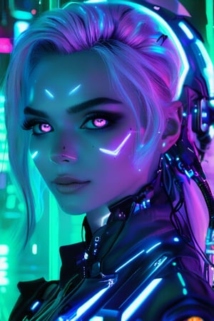 beautiful pale cyberpunk female, hyper detail, cinematic lighting, purple hair, emerald neon light city, 4k, trending on artstation, pixiv, perfect detail,  Artstation illustrators, intricate details, face, passion smile, full body portrait, headshot, illustration, UHD, 4K, high resolution face, detailed face, high definition eyes, detailed eyes,cyberpunk style, cute face, anatomically correct, (sexy and aesthetic), (cybernetic, cyborg), color pallete, retro futuristic, space ship interior background, cyberpunk.