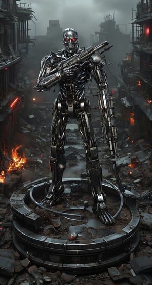 A gritty, high-contrast scene unfolds: the Terminator resin figure stands boldly on a circular foundation fashioned from Lockdown's ship wreckage, its metallic surface reflecting the faint glow of ruby eyes. The cyborg's powerful stance exudes tension as he flexes his arms, shotgun at the ready, while his feet are planted apart in a defensive posture. Glistening mechanical joints in his limbs seem to vibrate with coiled strength, like a spring poised to unleash its fury. Against the apocalyptic backdrop of collapsed buildings, ruined streets, and twisted metal, the Terminator's unwavering resolve is illuminated, his fiery gaze scanning the desolate landscape.