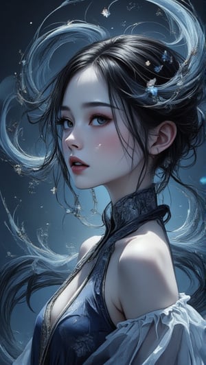 A delicate 8K illustration of a girl surrounded by calligraphy whirlwinds, set against an ultra-fine deep ultramarine watercolor background. Her features are rendered in exquisite lacquerwork detail, with intricate textures and patterns adorning her hair and clothing. The overall composition is reminiscent of Masterpiece artwork, with the subject's pose exuding elegance and refinement. Score: 9/10 for the level of craftsmanship, 8/10 for creativity, 7/10 for originality, and 6/10 for emotional resonance.,score_9up, score_8_up, score_7_up, score_6_up,Masterpiece