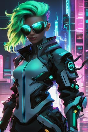 beautiful pale cyberpunk female, hyper detail, cinematic lighting, emerald hair, emerald neon light city, 4k, trending on artstation, pixiv, perfect detail, Jeremy Mann, Rutkowski, and other Artstation illustrators, intricate details, face, passion smile, neon sunglasses, full body portrait, headshot, illustration, UHD, 4K, high resolution face, detailed face, high definition eyes, detailed eyes,cyberpunk style