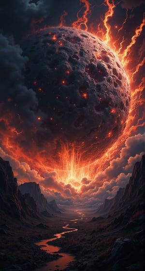 Asteroid Apocalypse: A cataclysmic storm brews on the horizon as a massive asteroid hurtles towards Earth, its rugged surface illuminated by the fiery glow of an impending Armageddon. The darkened sky is split by jagged lightning, casting an ominous glow on the desolate wasteland below.