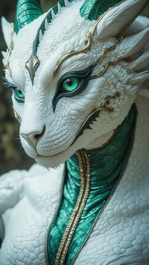 Extreme full body portrait of a dragon, piercing eye, wisps of white color visible, looking at viewer, reflecting the intricate emerald parts of her gown and the shimmering scales of a white dragon