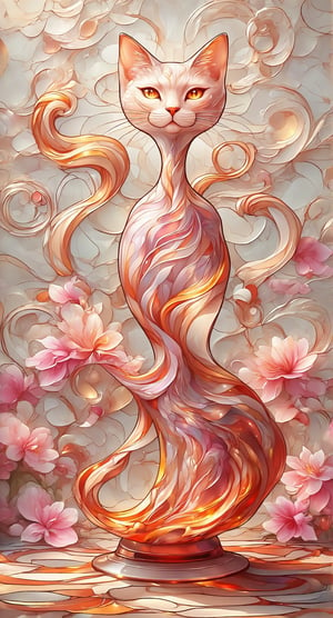 In a serene tableau, a delicate crystal glass vase sits atop an abstract background of swirling relief circles on worn paper texture. A mesmerizing liquid cat, crafted from marbled orange and white fluid, flows into a feline silhouette with gentle wavy motion, its large eyes and long tail adding allure. Soft pink petals from pastel flowers drift around the vase, set against a soft gradient. Thin anime-inspired lines and vibrant hues bring forth glossy textures in 8K resolution, exuding best quality, sharp focus, and peaceful serenity.