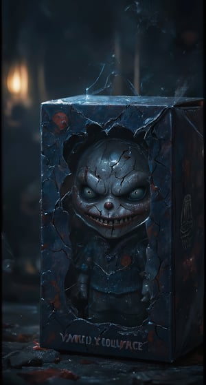 Darkness creeps in as a cracked, eerie figure emerges from shadows, its blind box packaging crackling like a spider's web. The venomous visage, bathed in dim lighting, wears a menacing grin, deep cracks etched across its face like ancient scars. Shadows dance, accentuating the sinister smile, evoking an unsettling nostalgia for forgotten horrors.