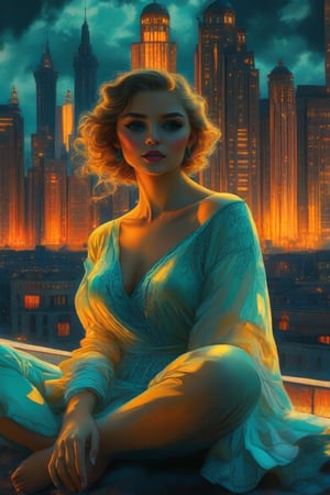 A mesmerizing beautiful woman sits amidst a surreal cityscape with volumetric shadows in warm, dreamy light. Multicolored hair flows like a tapestry, with blue eyes shining like sapphires. One hand in her hair (fingers not seen), while the other grasps a vintage globe (fingers not seen) on a matte background. The pose is eccentric, framed by cinematic organic lines reminiscent of Gustav Klimt's Art Nouveau style. Bohemian and shabby chic elements blend with industrial and art deco touches, evoking 1920s retrofuturism. The hybrid being is the center of attention, surrounded by a wet gouache painting-style cityscape with bold gradients and dynamic shadows.