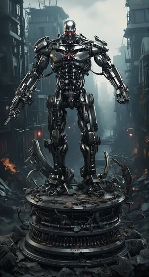 Resin figure of a Terminator (from the movie) stands imposingly on a circular foundation crafted from the wreckage of Lockdown's ship. His powerful stance exudes tension as he flexes his arms, one hand gripping the iconic shotgun, while his feet are planted apart in a defensive posture, ready to strike at a moment's notice. The glistening mechanical joints in his limbs betray his coiled strength, as if he's a spring waiting to unleash its fury. Ruby eyes blaze with determination as he surveys the war-torn landscape, his unwavering resolve illuminated against the apocalyptic backdrop of collapsed buildings, ruined streets, and twisted metal.