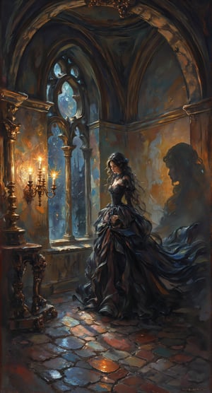 A somber, dimly-lit chamber is bathed in the eerie glow of a flickering candelabra, casting long shadows across the stone floor. ZloyOrk's masterful brushstrokes bring forth a Gothic Lady, shrouded in mystery, her dark gown blending with the night. Her shadow, like a living entity, spreads menacingly across the wall, mirroring her contemplative mood as she stands at the window, lost in thought.