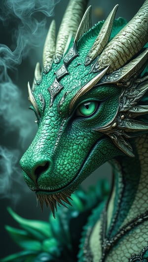 Capture an extreme full-body portrait of a majestic dragon with piercing emerald eyes that seem to bore into the viewer. Wisp-like strands of white mist dance around her face as she gazes directly at the camera, her fierce expression tempered by the subtle sparkle of shimmering scales and the intricate emerald hues of her gown, which reflect her regal presence.