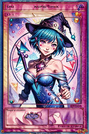 yugioh_card,(anime style),masterpiece, best quality, hmdmg1, wizard hat, blush, blush stickers, cleavage, bare shoulders, dress, off shoulder, command spell, magic, magic circle, magic wand, smile