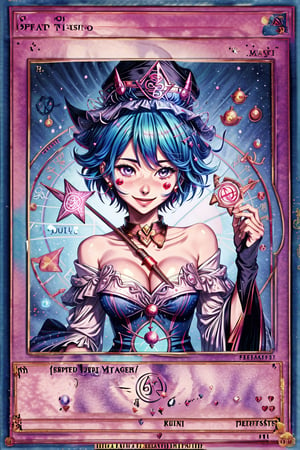 yugioh_card,(anime style),masterpiece, best quality, hmdmg1, wizard hat, blush, blush stickers, cleavage, bare shoulders, dress, off shoulder, command spell, magic, magic circle, magic wand, smile