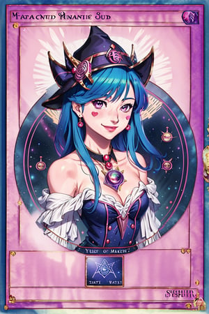 yugioh_card,(anime style),masterpiece, best quality, hmdmg1, wizard hat, blush, blush stickers, cleavage, bare shoulders, dress, off shoulder, command spell, magic, magic circle, magic wand, smile