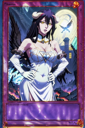 yugioh_card, masterpiece, best quality, highres, al1, demon horns, slit pupils, white gloves, white dress, bare shoulders, detached collar, cleavage, black wings, feathered wings, low wings, cowboy shot, field, ruins, night, standing, hand on hip, black hair,albedo