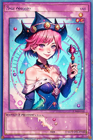 yugioh_card,(anime style),masterpiece, best quality, hmdmg1, wizard hat, blush, blush stickers, cleavage, bare shoulders, dress, off shoulder, command spell, magic, magic circle, magic wand, smile