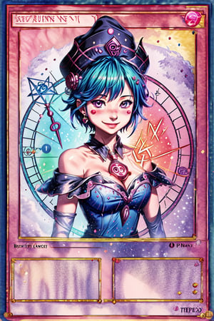 yugioh_card,(anime style),masterpiece, best quality, hmdmg1, wizard hat, blush, blush stickers, cleavage, bare shoulders, dress, off shoulder, command spell, magic, magic circle, magic wand, smile