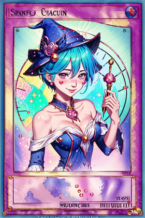 yugioh_card,(anime style),masterpiece, best quality, hmdmg1, wizard hat, blush, blush stickers, cleavage, bare shoulders, dress, off shoulder, command spell, magic, magic circle, magic wand, smile