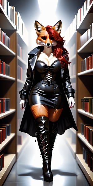 kitsune, red hair, red fur, open jacket, dress (beige, modern style,shin length), boots (thigh high, lace up the side, pronounced heels, modern style), tails (fox, six in total), D cup breasts, shapely, adventure, modern clothing, photorealistic, red latex, walking amoung darkened library shelves. night, no winsows, no light fixtures,Expressiveh,dark theme