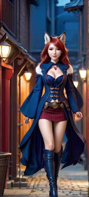 kitsune (enthropromorphic fox-girl), red hair, red fur, open jacket, corset dress (over breast, dark blue), boots (thigh high, low heels, leather), tails (fox, six in total), D cup breasts, shapely, adventurer, low, western fantasy stiled buildings, D&D, photorealistic, walking along a darkened fantasy alley way, furry female, night, no winsows, no light fixtures, Expressiveh, dark theme, snout