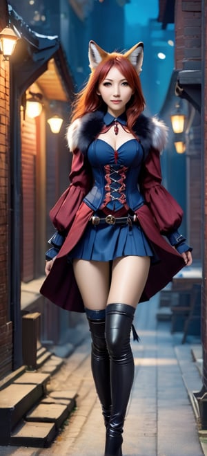 kitsune (anthropromorphic fox-girl, snout, furry female), red hair, red fur, open jacket, corset dress (over breast, indigo), boots (thigh high, low heels, black leather), tails (fox, six in total), D cup breasts, shapely, adventurer, low, western fantasy stiled buildings, D&D, photorealistic, walking along a darkened fantasy alley way, night, no winsows, no light fixtures, Expressiveh, dark theme