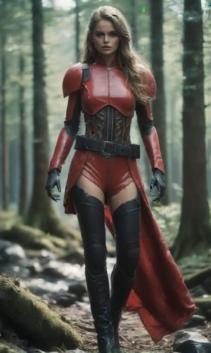 A kistsune standing in a forest glen. She is wearing a red dress; soft leather, thigh high boots with no heal; slong, black silk gloves; and a lether and steel belt.,Games ID Card,FuturEvoLabMecha