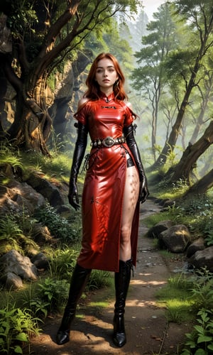 A kistsune standing in a forest glen. She is wearing a red dress; soft leather, thigh high boots with no heal; slong, black silk gloves; and a lether and steel belt.,outdoors,score_9,score_8_up,score_7_up