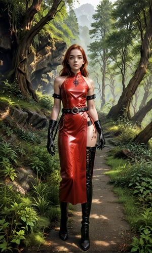 A kistsune standing in a forest glen. She is wearing a red dress; soft leather, thigh high boots with no heal; slong, black silk gloves; and a lether and steel belt.,outdoors,score_9,score_8_up,score_7_up