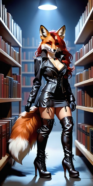 kitsune, red hair, red fur, open jacket, dress (beige, modern style,shin length), boots (thigh high, lace up the side, pronounced heels, modern style), tails (fox, six in total), D cup breasts, shapely, adventure, modern clothing, photorealistic, red latex, walking amoung darkened library shelves. night, no winsows, no light fixtures,Expressiveh,dark theme