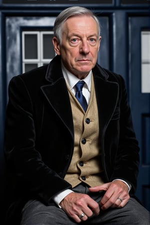 The first Doctor from the series Doctor Who based on the actors William Hartnell, Richard Hurndall, and David Bradley. The character is 60+ years of age, thin, with long silver hair that is slicked back and receading from his high forehead. Piercing, clear blue eyes sit below his expresive brows and flank his aquiline nose. He is seated next to the TARDIS' control plith wearing clothing with a slightly eccentric Edwardian dress sense: a double breasted town coat of ebony black velvet with a shawl collar; a beige tweed waistcoat over a white shirt with a royal blue ribbon tie; grey tartan trousers; and shiny elasticated boots. He wears a blue signet ring on the middle finger of his right hand. Behind him is the familliar rondouls in hexegons panelling of the TARDIS.
ULTRA REALISTIC RESIN FIGURE,Retro Sci-Fi Cinematic