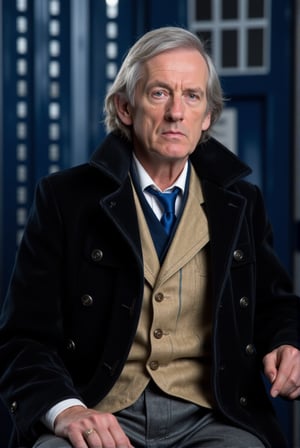 score_9, score_8_up,score_7_up, 
The first Doctor from the series Doctor Who based on the actors William Hartnell, Richard Hurndall, and David Bradley. The character is 60+ years of age, thin, with long silver hair that is slicked back and receading from his high forehead. Piercing, clear blue eyes sit below his expresive brows and flank his aquiline nose. He is seated next to the TARDIS' control plith wearing clothing with a slightly eccentric Edwardian dress sense: a double breasted town coat of ebony black velvet with a shawl collar; a beige tweed waistcoat over a white shirt with a royal blue ribbon tie; grey tartan trousers; and shiny elasticated boots. He wears a blue signet ring on the middle finger of his right hand. Behind him is the familliar rondouls in hexegons panelling of the TARDIS.
ULTRA REALISTIC RESIN FIGURE,Retro Sci-Fi Cinematic