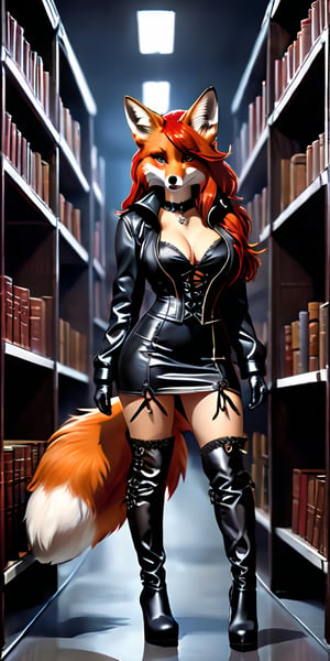 kitsune, red hair, red fur, open jacket, dress (beige, modern style,shin length), boots (thigh high, lace up the side, pronounced heels, modern style), tails (fox, six in total), D cup breasts, shapely, adventure, modern clothing, photorealistic, red latex, walking amoung darkened library shelves. night, no winsows, no light fixtures,Expressiveh,dark theme