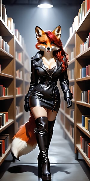 kitsune, red hair, red fur, open jacket, dress (beige, modern style,shin length), boots (thigh high, lace up the side, pronounced heels, modern style), tails (fox, six in total), D cup breasts, shapely, adventure, modern clothing, photorealistic, red latex, walking amoung darkened library shelves. night, no winsows, no light fixtures,Expressiveh,dark theme