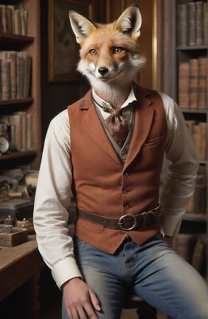 1man, 6 foot 3 inches tall, fox boy, lean build, loose rust coloured vest, jeans, leather belt, o-ring collar, sitting in an Edwardian study