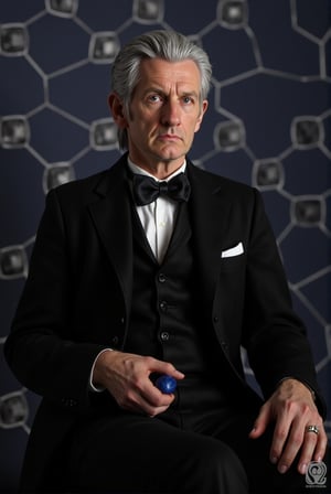 score_9, score_8_up,score_7_up, 
The first Doctor from the series Doctor Who based on the actors William Hartnell, Richard Hurndall, and David Bradley. 
Doctor Who, 1st Doctor, 1male, Edwardian suit, sitting, realistic, sci-fi, sitting, one large cobalt blue ring on his right hand,sci_fic, black suit jacket, black trousers, thin back bow tie, high forehead, long silver hair, slicked back hair, elderly, 60+ years of age, silver waistcoat pocketwatch chain, background of rondouls in hexegons, receading hairline,
ULTRA REALISTIC RESIN FIGURE,Retro Sci-Fi Cinematic
https://tardis.fandom.com/wiki/First_Doctor