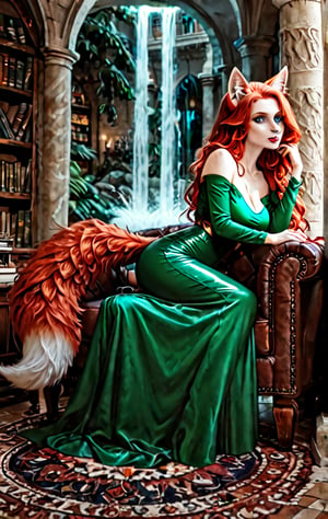 A kitsune perches in a worn leather armchair within a dimly lit library, surrounded by towering shelves of ancient tomes. Her vibrant red hair cascades down her back like a fiery waterfall, matching the hue of her luxurious fur. A tight green top accentuates her shapely figure, while a flowing long skirt billows around her ankles. Thigh-high boots encase her legs, and fox ears sprout from her forehead, as well as a fluffy tail that wraps around the chair's backrest. Her expressive face beams with excitement, hinting at the tales she could tell of adventure and discovery. The hyperrealistic artwork captures every detail, from the texture of her fur to the intricate patterns on her clothing.