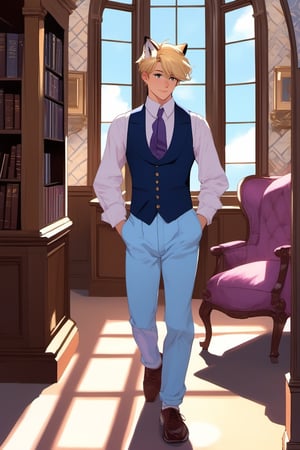 sole_male,fox_tail,fox_ears,bluejeanst,open vest (violet),runners (sky blue),,walking through an Edwardian study.short hair,blond hair,tosseled hair,