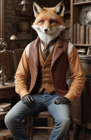 1man, 6 foot 3 inches tall, fox boy, furry male, snout, lean build, loose rust coloured vest, jeans, leather belt, o-ring collar, sitting in an Edwardian study