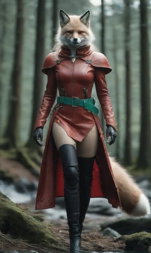 A kistsune standing in a forest glen. She is wearing a red dress; soft leather, thigh high boots with no heal; slong, black silk gloves; and a lether and steel belt. fox ears, fox tail, deep clevage, emerald pendant, 