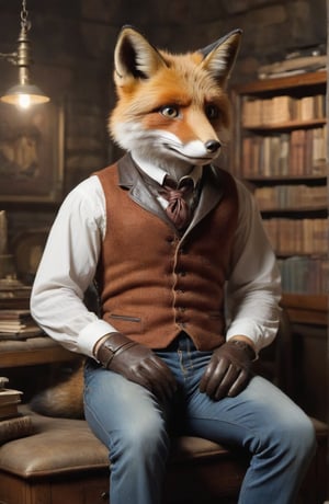 1man, 6 foot 3 inches tall, fox boy, furry male, snout, lean build, loose rust coloured vest, jeans, leather belt, o-ring collar, sitting in an Edwardian study