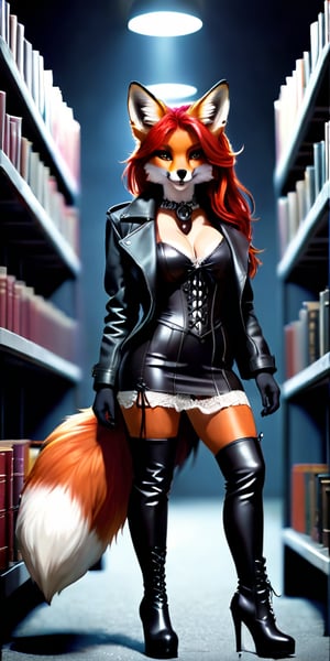 kitsune, red hair, red fur, open jacket, dress (beige, modern style,shin length), boots (thigh high, lace up the side, pronounced heels, modern style), tails (fox, six in total), D cup breasts, shapely, adventure, modern clothing, photorealistic, red latex, walking amoung darkened library shelves. night, no winsows, no light fixtures,Expressiveh,dark theme