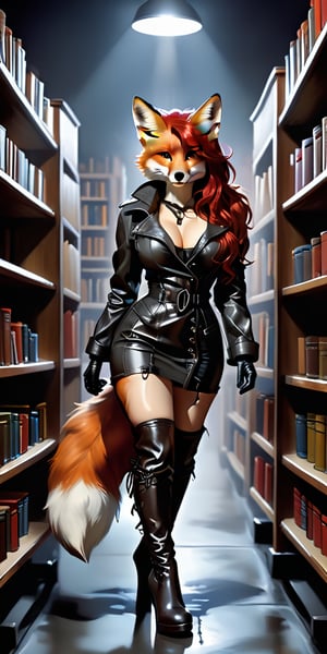 kitsune, red hair, red fur, open jacket, dress (beige, modern style,shin length), boots (thigh high, lace up the side, pronounced heels, modern style), tails (fox, six in total), D cup breasts, shapely, adventure, modern clothing, photorealistic, red latex, walking amoung darkened library shelves. night, no winsows, no light fixtures,Expressiveh,dark theme