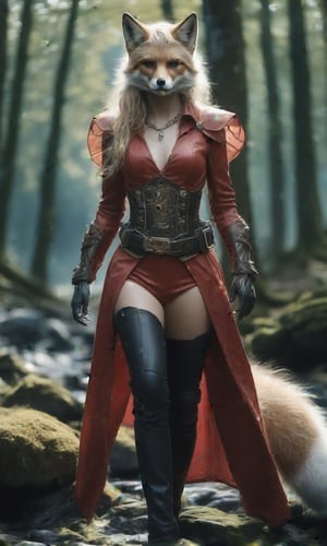 A kistsune standing in a forest glen. She is wearing a red dress; soft leather, thigh high boots with no heal; slong, black silk gloves; and a lether and steel belt. fox ears, fox tail, deep clevage, glowing emerald pendant, 