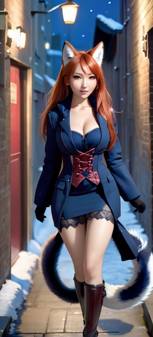 kitsune, red hair, red fur, open jacket, corset dress (over breast, deep blue, modern style), boots (thigh high, lace up the side, low heels, modern style), tails (fox, six in total), D cup breasts, shapely, adventurer, modern clothing, photorealistic, walking along a darkened alley way, fantasy themed, furry female, night, no winsows, no light fixtures, Expressiveh, dark theme, small pile of snow