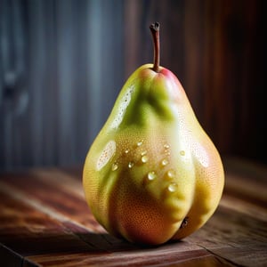 A close-up shot of a naked pear, its skin glistening with excitement, positioned on a rustic wooden table. The lighting is soft and natural, highlighting the pear's vibrant texture and the subtle blush of excitement on its skin. The composition focuses on the pear's unique shape and the dynamic energy it exudes, creating a sense of anticipation and joy.