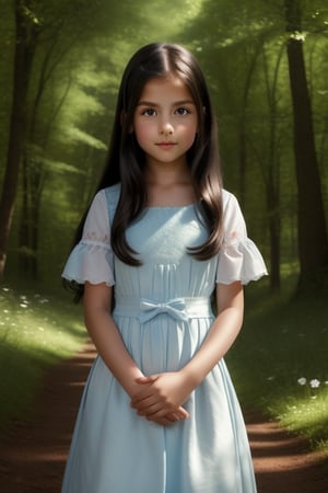 A young girl with long black hair cascading down to her waist, standing in a serene forest clearing. The soft, dappled sunlight filters through the trees, highlighting her delicate features. She stands with a gentle, relaxed posture, her hands clasped in front of her, looking contemplative. The composition is centered, with the forest framing her in a natural, harmonious setting.