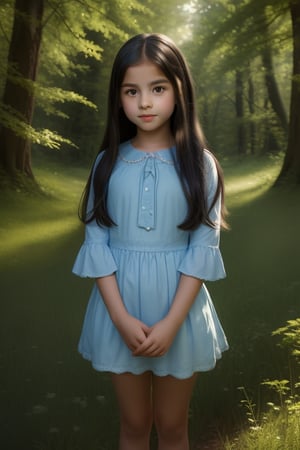 A young girl with long black hair cascading down to her waist, standing in a serene forest clearing. The soft, dappled sunlight filters through the trees, highlighting her delicate features. She stands with a gentle, relaxed posture, her hands clasped in front of her, looking contemplative. The composition is centered, with the forest framing her in a natural, harmonious setting.