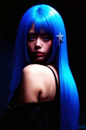 (best quality, 8K, high resolution, masterpiece), ultra detailed, (realistic portrait) of a girl. score_9, score_8_up, score_7_up, score_6_up, masterpiece, best quality, ultra detailed, high resolution, absurd, long hair 1girl, solo, reah, long blue hair, bright blue eyes, diamond hair ornament, star pattern, forehead, gradient hair, hair ornament, two-tone hair, round butt, transparent silhouette, extremely sharp image, reflection, messy hair, relaxing expressions, outdoor, summer, river, bridge, yukata, standing, looking at viewer, midnight, stars, crescent moon, , beautiful female fingers, sharpness, sexy, exciting, showing private part