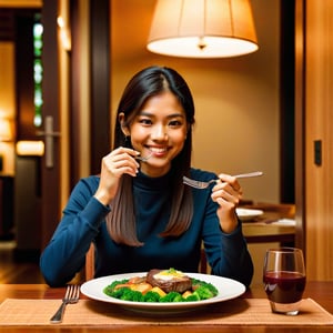 An image of a person savoring a delicious meal, with a contented expression on their face. The scene is set in a cozy, well-lit dining room with warm, inviting lighting. The person is seated at a table, holding a fork with a bite of food, highlighting the enjoyment of the meal. The composition focuses on the person's expression and the presentation of the food, emphasizing the deliciousness and satisfaction.