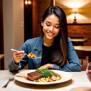 An image of a person savoring a delicious meal, with a contented expression on their face. The scene is set in a cozy, well-lit dining room with warm, inviting lighting. The person is seated at a table, holding a fork with a bite of food, highlighting the enjoyment of the meal. The composition focuses on the person's expression and the presentation of the food, emphasizing the deliciousness and satisfaction.