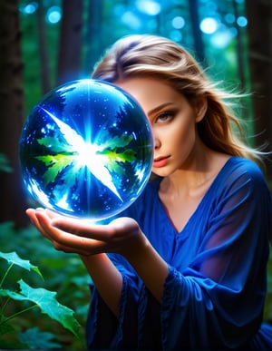 masterpiece, best quality, very detailed, detailed background, hyper sharp, realistic, bright crystal blue light sphere falling on a leaf, lightning, fire, zoom photo, forest background with bright splendor, beautiful woman, touching the sphere, with eyes radiant with light energy.